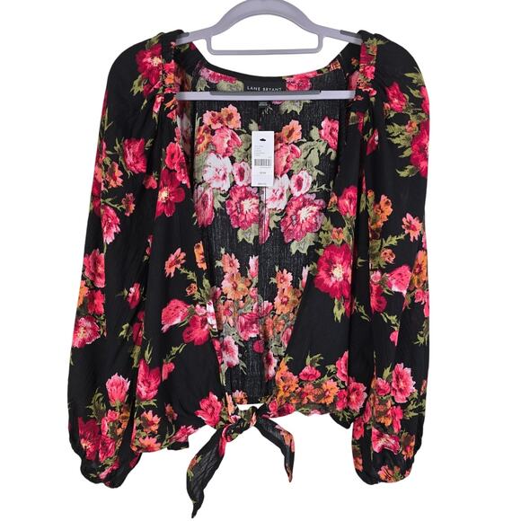 Lane Bryant Open Tie Black Pink Floral Puff Sleeve Women's Cardigan 22/24 NWT - Picture 1 of 6